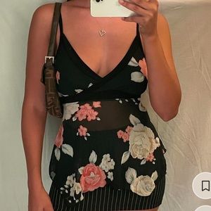 Vintage sheer mesh black floral milkmaid babydoll cami crop top